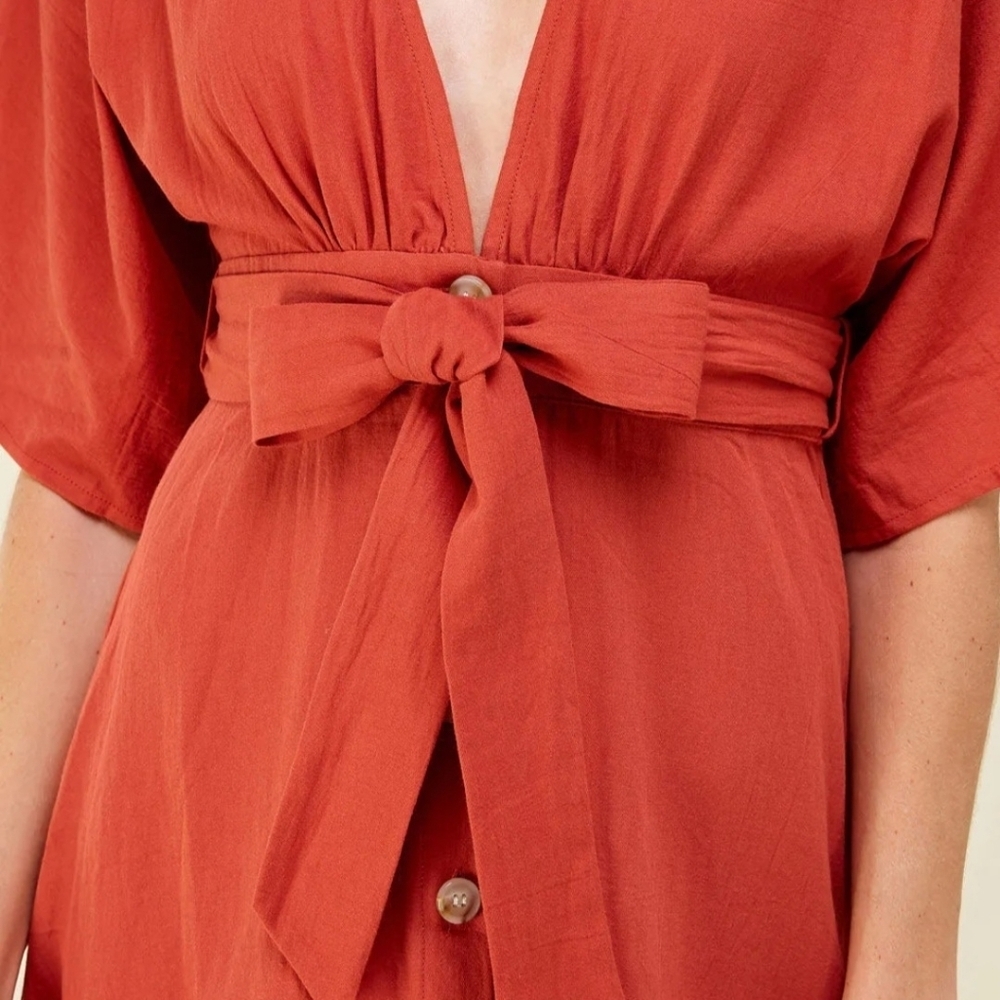 Tie Front Belted Midi Dress Button Down Deep V-Neck S/M/L Rust Orange - Picture 4 of 6